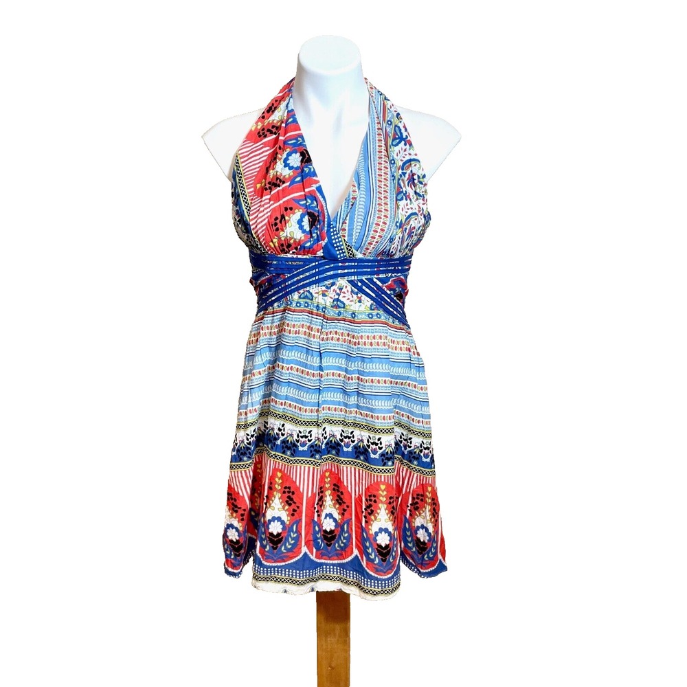 Janet Paris Halter‎ Mini Dress Womens Small Multicolor Sleeveless V-neck Striped